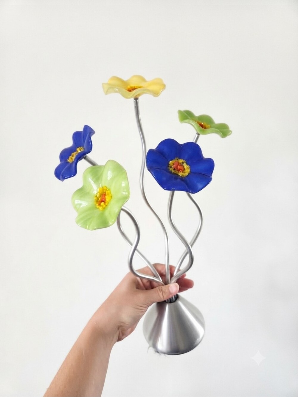 Handmade Fused Glass Flower Sculpture Bouquet - Blue, Green & Yellow Metal Base